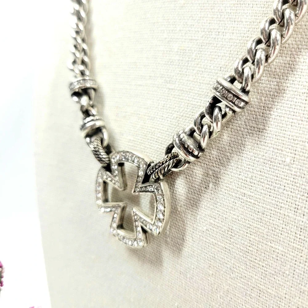 Brighton Chunky Silver Tone Maltese Cross Necklace‎ Reversible Rhinestone NWT